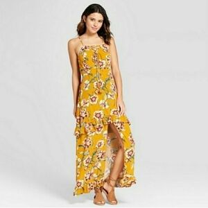 Xhilaration Gold Yellow Floral Maxi Dress